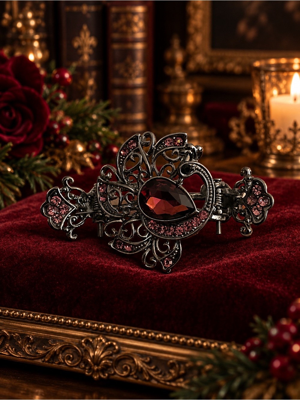 Eleanor Collection Peacock Teal or Black Cherry Crystal Barrette